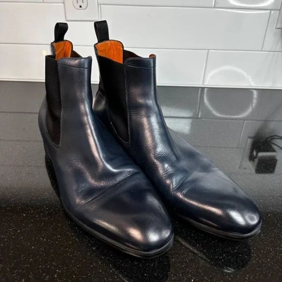Santoni Blue Leather Chelsea Boots Men US 12 SANTONI Goodyear welt Blue grained leather boots with  main image 4
